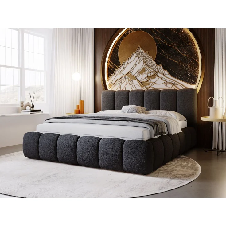 GRAINGOLD Cloud Bett 140x200, Polsterbett ohne Bettkasten, Bouclé-Stoff, mit Lattenrost, Schwarz – Bild 1
