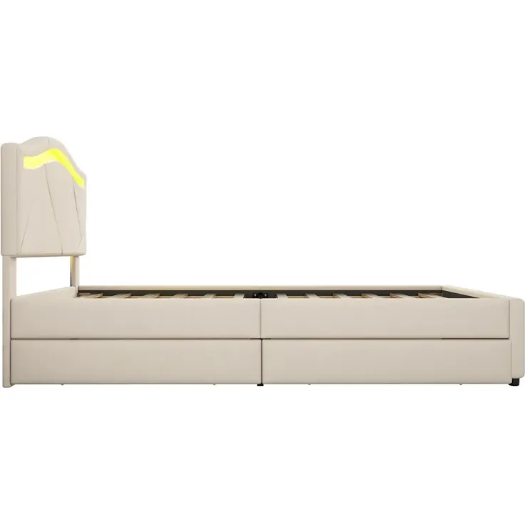 Polsterbett mit LED-Beleuchtung und Schubladen, 90x200cm, gepolsterter Kopfteil, Einzelbett, Stauraumbett, Leinen – Bild 9