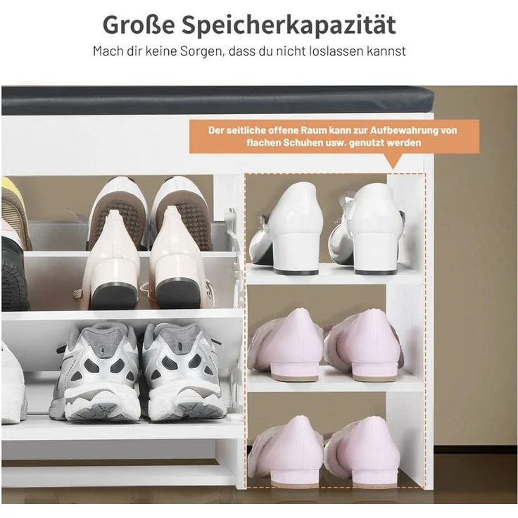 oyajia Schuhbank Sitzbank mit Stauraum, 2 offene Fächer, bis 140kg belastbar (1 Tür und 2 Fächer, mit Sitzkissen, Platz Hausschuhe, Lederschuhe, High Heels, Sportschuhe), Bietet Platz für 11 Paar Schuhe, 100 cm, Tragkraft 140 kg – Bild 4