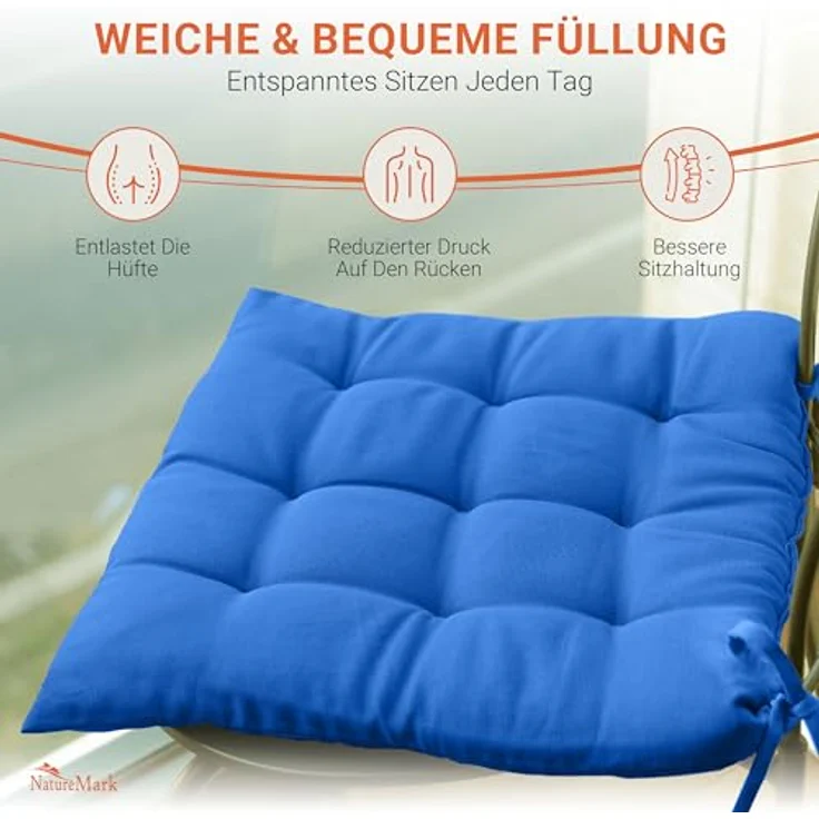 NatureMark 4er Set Stuhlkissen mit Bändern Gr. 40x40 cm Sitzkissen gefüllt, Royal Blau – Bild 6