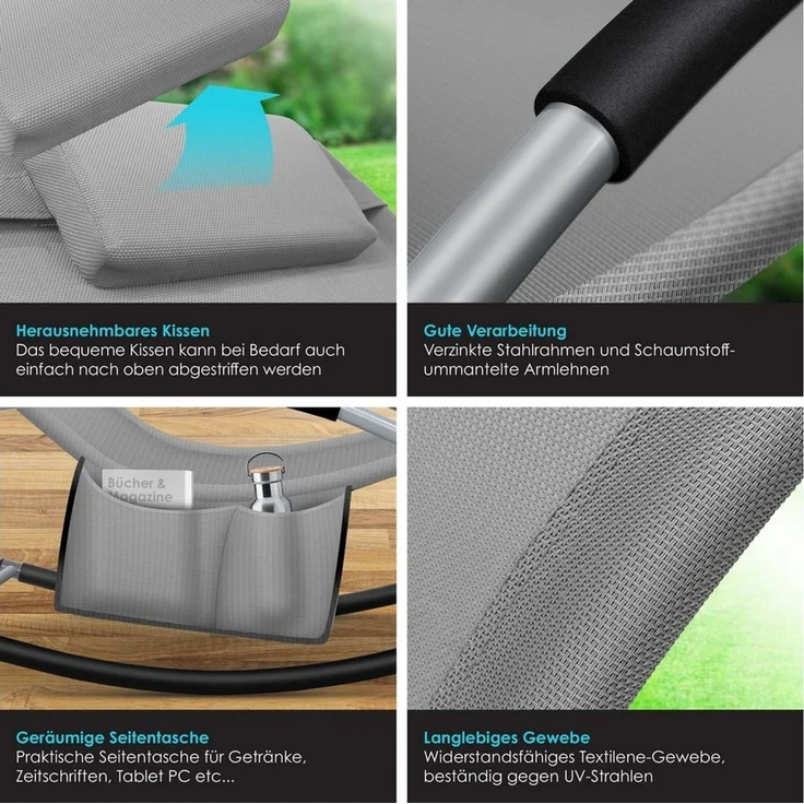 KESSER® Sonnenliege Relaxliege Schwungliege | Gartenliege | Gartenstuhl | Klappstuhl faltbar | Liegestuhl | Schaukelsessel | ergonomische Relaxsessel | wetterfest | 150 kg Belastung | Grau – Bild 2