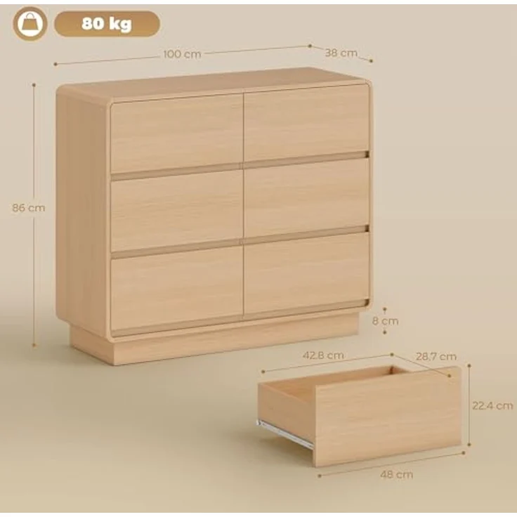 HOMCOM Sideboard mit 6 Schubladen, abgerundeten Kanten (Kommode, 1 St, 100 cm Aufbewahrungsschrank), für Wohnzimmer, Küche, Esszimmer, 100 x 38 x 86 cm, Naturholz – Bild 3