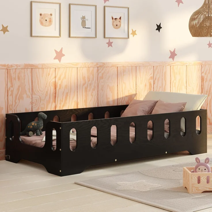 smartwood Kinderbett Bodenbett 90x190 mit Rausfallschutz & Lattenrost - Schwarz - Kinder Montessori Bett TILA 2B mit glatten Kanten - Betten für schnelle Montage - Bis 230 kg belastbar – Bild 1