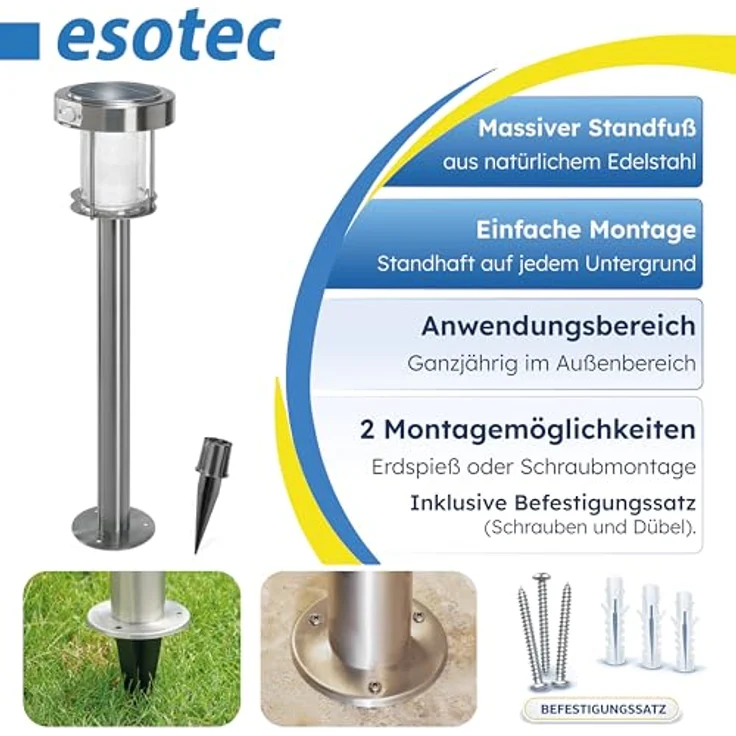 Esotec PIR Solarleuchte Ancona, Duo Color, LED Standleuchte mit Bewegungsmelder, IP44, wetterfest, silber, Höhe 71cm, 2 Betriebsmodi – Bild 5