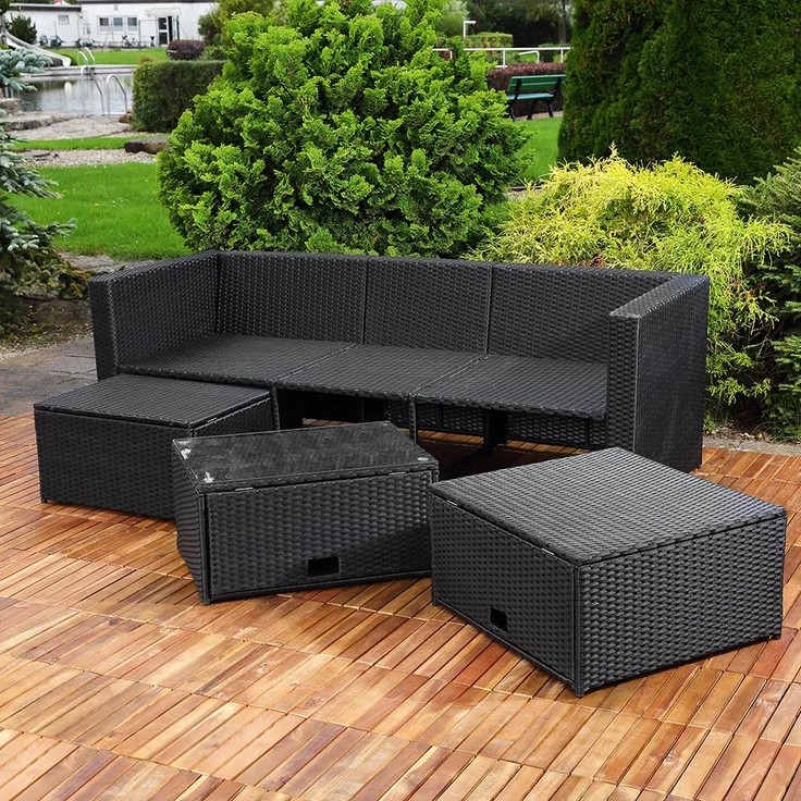 Rattanmöbel schwarz Sitzgruppe Poly Rattan Sofa und 2 Hocker Lounge – Bild 2
