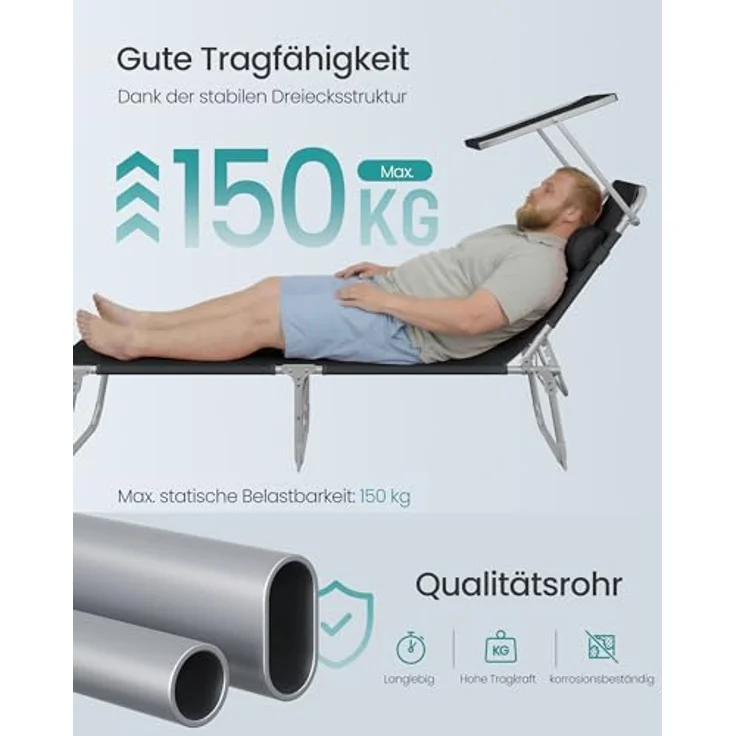 Sonnenliege, klappbarer Liegestuhl, 193 x 53 x 29 cm, max. Belastbarkeit 150 kg, mit Sonnenschutz, Kopfstütze und Verstellbarer Rückenlehne, für Garten, Pool, Terrasse, Schwarz, 1 Liege – Bild 8