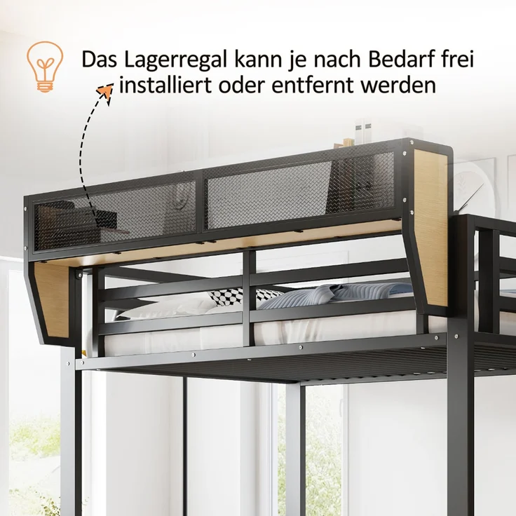 Merax Hochbett 90x200cm, Etagenbett, Kinderbett mit Sicherheitsleiter und flexiblem Staufach, Metallbett, Schwarz – Bild 6