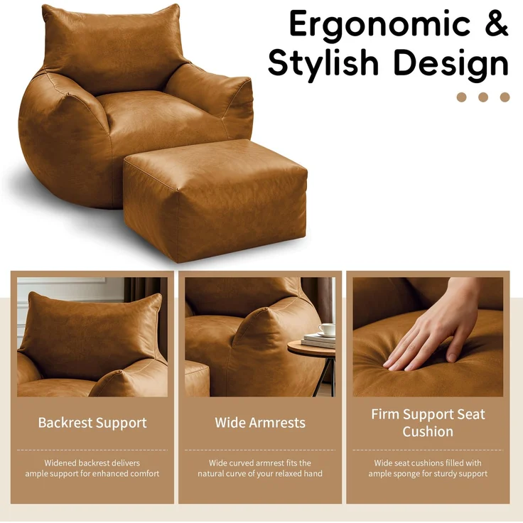 Sitzsack 103cm×90cm×70cm in Braun mit Hocker und ergonomischer Form – Bild 7