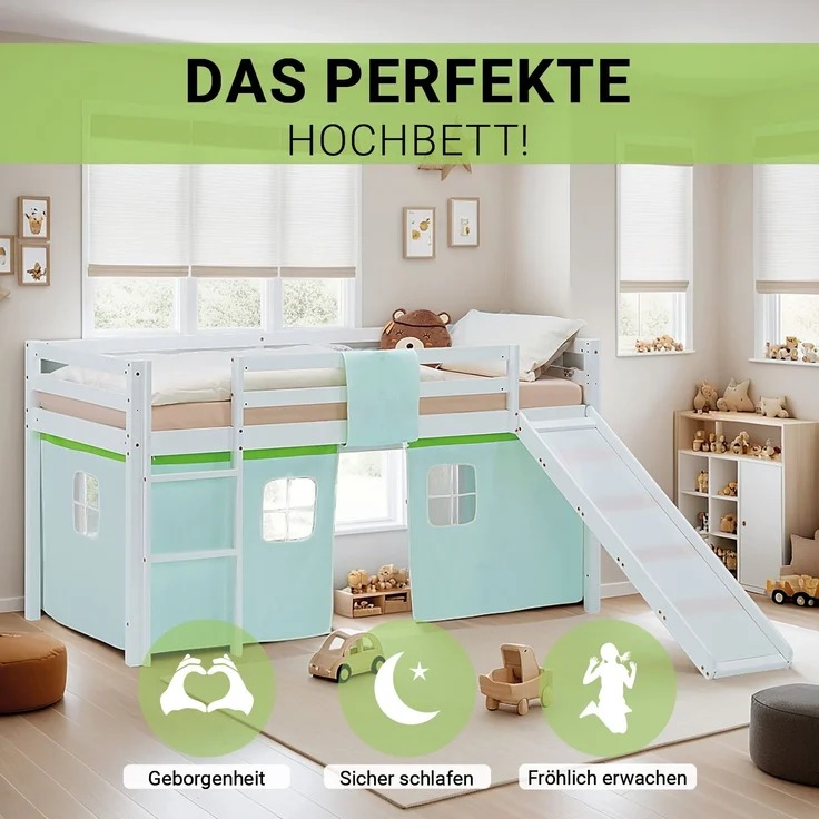Hochbett Kinder 90x200 cm mit Rutsche Kinderbett Kinderhochbett Stockbett Vorhang Grün Leiter Holz Massiv – Bild 4
