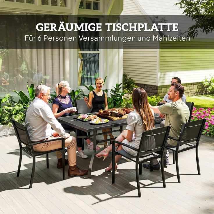 Outsunny Gartentisch mit Schirmloch, Latten-Design (wetterfest Balkontisch, 1-St, rechteckig Beistelltisch), 152 x 90 cm, für Garten, Balkon, Schwarz – Bild 4