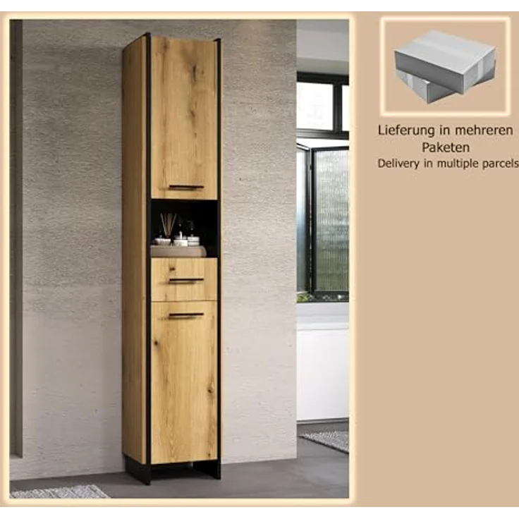 trendteam smart living - Safiya - Hochschrank - Eiche/Schwarz - Hochschrank mit 2 Türen 2 Einlegeböden 1 Schubkasten mit Vollauszug und 1 offenes Fach - (BxHxT) 37 x 190 x 31 cm – Bild 9