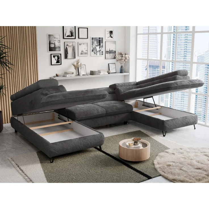 Ecksofa U-Form, mit Bettkasten, Bettfunktion und Einstellbare Kopfstützen, Sofa big XXL - PETER U - Dunkelgrau Plüsch – Bild 3