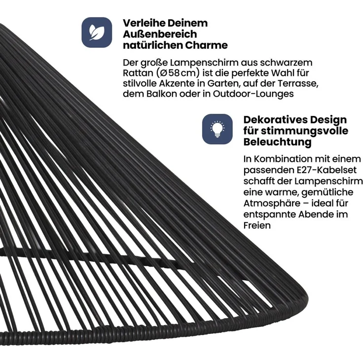 Star Rattan-Lampenschirm „Vide“ (Ø 58 cm), Für den Außenbereich - wetterfest und dekorativ in Schwarz, Kombinierbar mit E27-Outdoor-Kabelsets, Schutzart IP44 – Bild 2