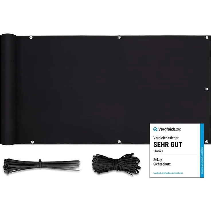 Sekey Balkon Sichtschutz Balkonabdeckung Balkonverkleidung blickdichte Wind- und UV-Schutz, 100% Privatsphäre, mit Ösen, Nylon Kabelbinder und Kordel, 120x500 cm Schwarz – Bild 1