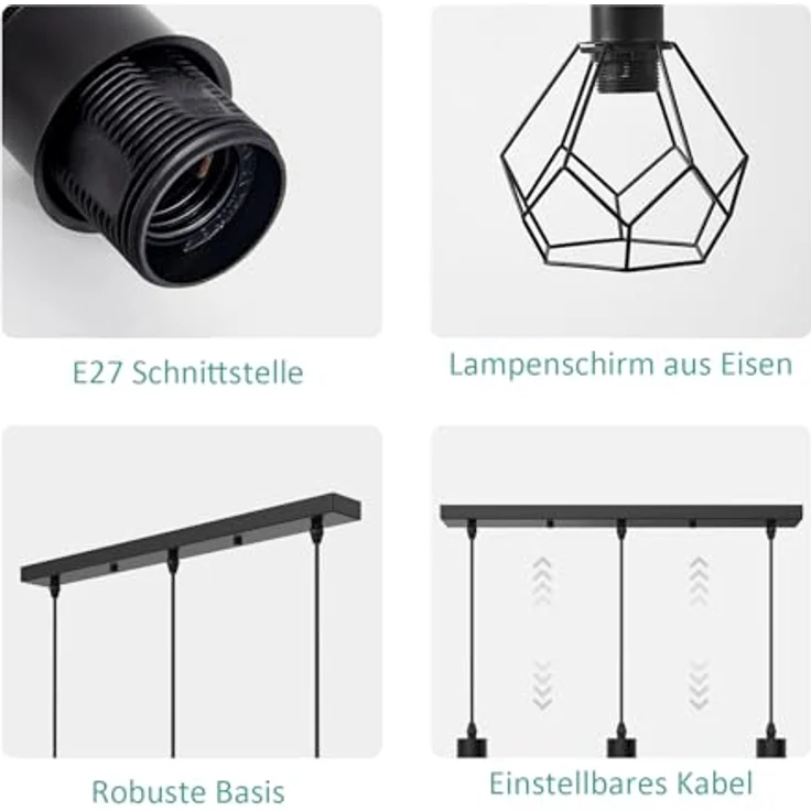 EMKE Pendellampe Pendelleuchte 3 flammig Hängelampe, Vintage Hängeleuchte Esszimmer Esstisch Lampenschirm Licht, E27 Lampe Hängend Küche Wohnzimmer Pendellampen Schwarz – Bild 5