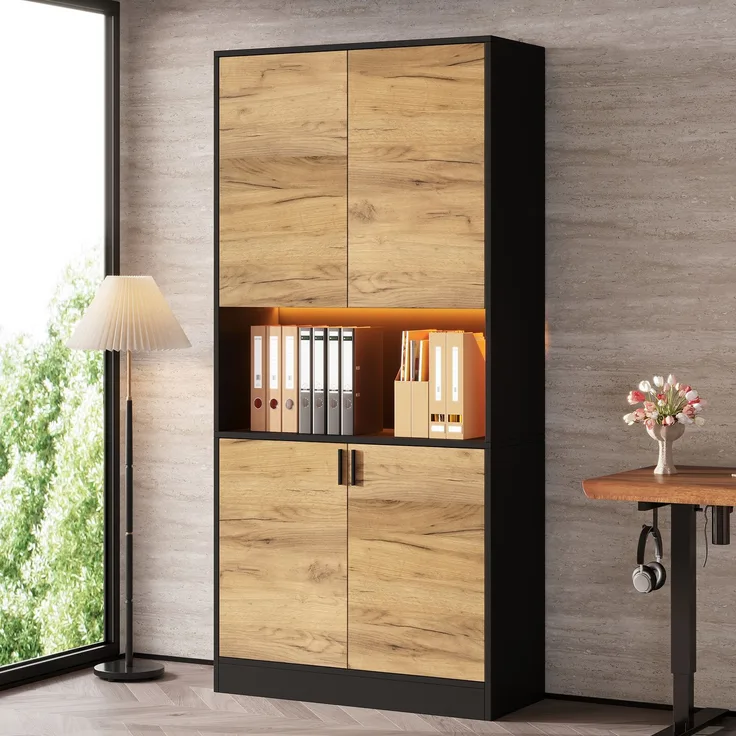 ZUBALIYA Aktenschrank 80x35x180cm mit LED-Beleuchtung, Mehrzweck-Aufbewahrungsschrank aus Holz, Hochschrank mit verstellbaren Einlegeböden, Sideboard für Büro Wohnzimmer Flur,Aktenschrank,Flurschrank