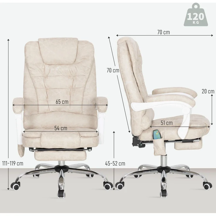 Massage- und Heiz-Bürosessel, Bürostuhl, höhenverstellbar, neigbare Rückenlehne, 65 x 70 x 111–119 cm, cremefarben – Bild 5