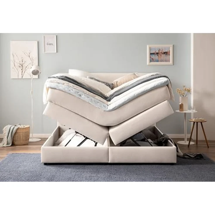 Belanoti Boxspringbett LOFT (Boxspringbett 160x200 mit Bettkasten, 7-Zonen Taschenfederkern Matratze inklusive Visco Topper), Bett 160x200 in der Farbe Beige H2/H3 Polsterbett – Bild 4