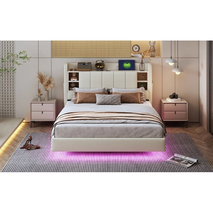 EINHOM Polsterbett 140 x 200 cm, mit USB-Steckdose und Lichtleiste, Wendbares Kopfteil mit Ablagefächern und Einlegeböden mit Kleinen Ablagefächern, Stabiler Metallrahmen, Leinenstoff, Doppelbett Beige, (Ohne Matratze) – Bild 6