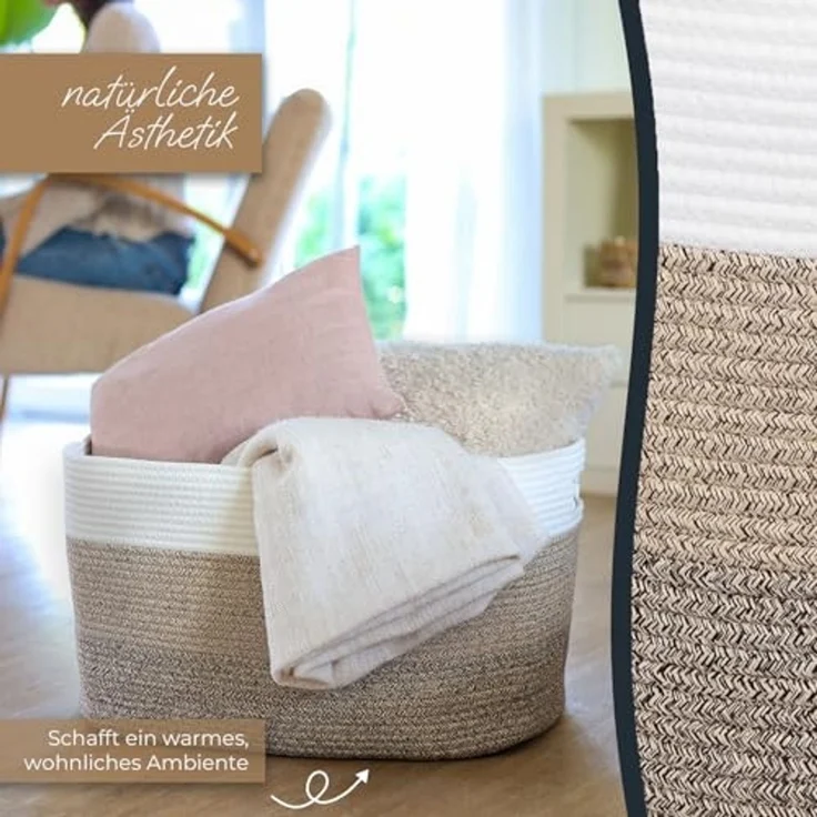 HMF Aufbewahrungskorb XXL Wäschekorb aus Baumwolle, 71 Liter, eckiger Aufbewahrungskorb mit Griffmulden, 55 x 43 x 30 cm, Weiß-Braun – Bild 4