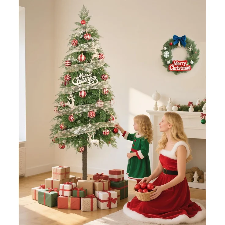 Yorbay Künstlicher Weihnachtsbaum 180cm Weihnachten Baum Deko mit LED Beleuchtung, Schmal PE Christbaum, Tanne, Naturgetreuer PE Weihnachtsbaum mit Scheibenbasis für Heim Geschäft – Bild 6
