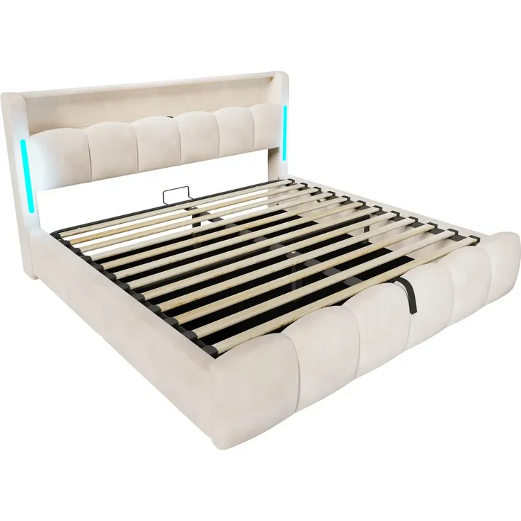 Polsterbett mit Stauraum, RGB LED-Streifen, Lattenrost, Regal, Aufbewahrung, USB und Type-C, gepolsterter Kopfteil, 180x200 cm, Stauraumbett, Samt – Bild 7