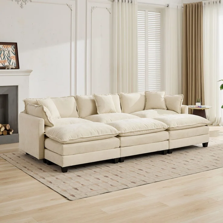 ZUBALIYA Sofa mit LED - Beleuchtung, mit Chenille - Bezug, mit Cordbezug, modular aufgebaut, aus Chenille, Beige – Bild 17