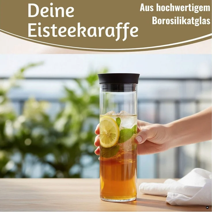 LS-LebenStil Wasserkaraffe 2x Glas Wasserflasche 1L Borosilikatglas Flasche Karaffe mit Deckel, (mit Silikon Deckel und integriertem Sieb, Glaskaraffe Trinkflasche, 2-tlg, für Sprudel, Wasser Infused Water, Tee, Saft und Kaltgetränke Eistee), Modernes,... – Bild 3