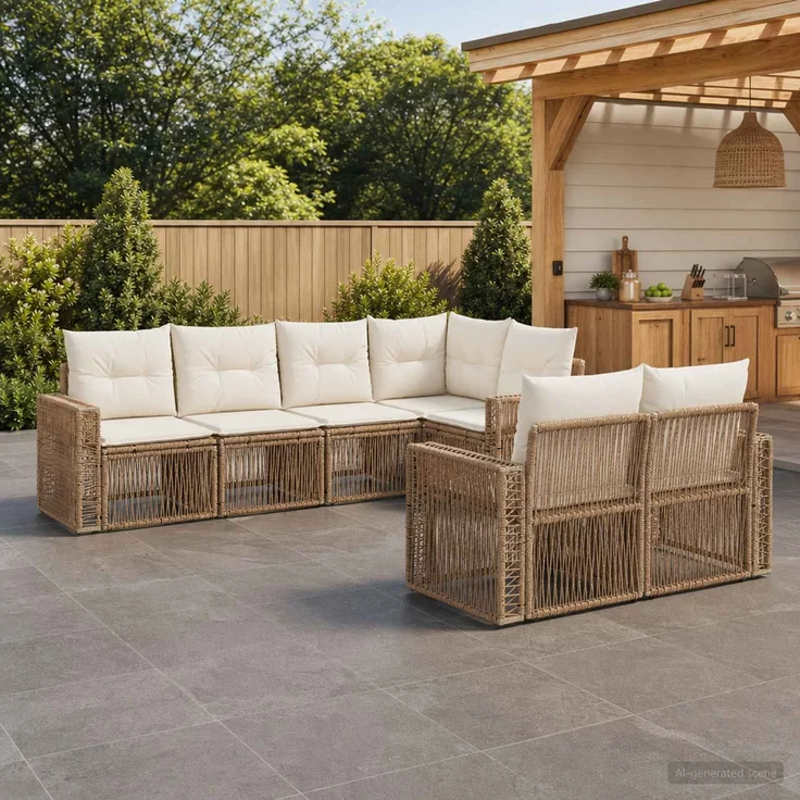 vidaXL Gartensofa-set 7 stk. 7-Sitzer Beige und Cremeweiß Poly-Rattan 3435183 – Bild 1