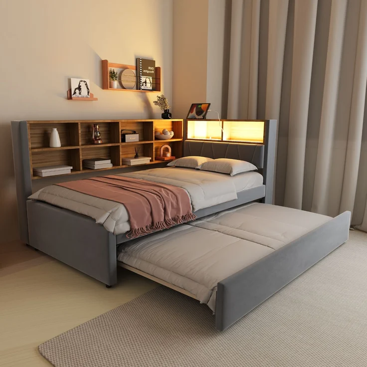 Polsterbett Ausziehbett 90/200 cm mit 90/190 cm Gästebett, LED, USB-C und Stauraum, Flanell Dunkelgrau, ohne Matratze – Bild 1