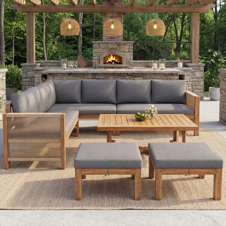 Merax Gartenmöbel-Set 6-tlg, Gartensofa mit Hocker und Tisch, Gartenloungeset Balkonmöbelset 8 Sitzer aus Akazie, Terassenmöbelset mit Kissen, Grau – Bild 5