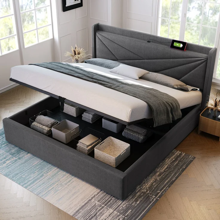 Polsterbett 160x200 cm mit Stauraum,Kopfteil mit USB & Typ-C Ladefunktion,Grau,inklusive Matratze – Bild 4