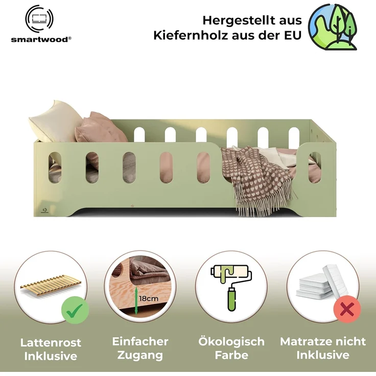 smartwood Kinderbett Bodenbett 120x190 mit Rausfallschutz & Lattenrost - Grün - Kinder Montessori Bett TILA 2P mit glatten Kanten - Betten für schnelle Montage - Bis 300 kg belastbar – Bild 3