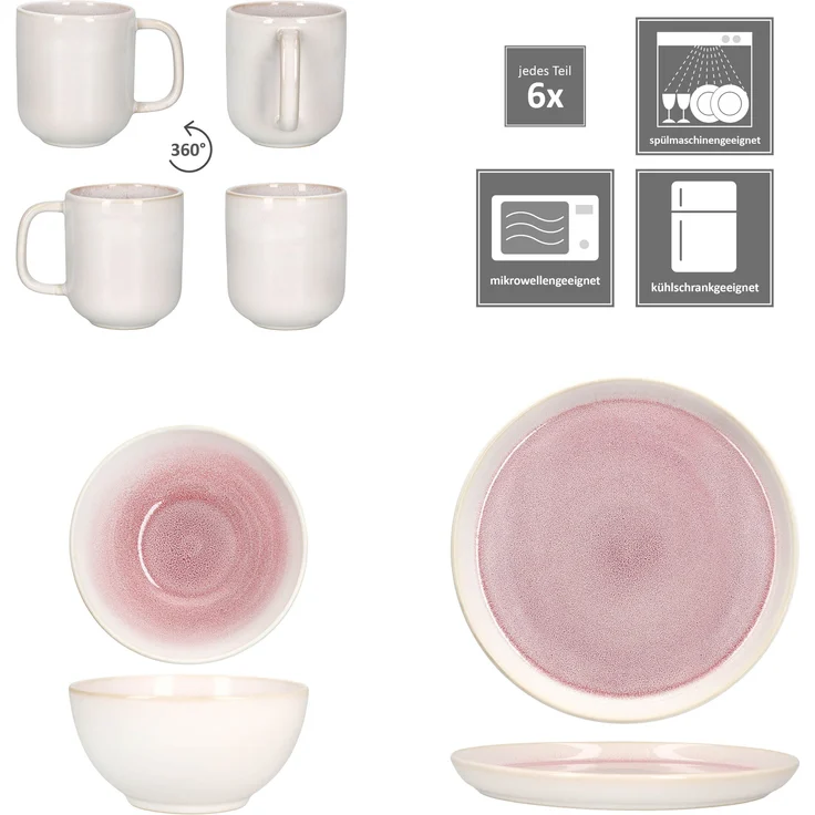 18tlg Frühstücksset Reactive Glaze Paris Steingut Teller Schalen Becher Pink – Bild 4