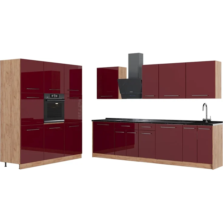 Küchenzeile Fame-Line Bordeaux Hochglanz/Goldkraft Eiche 460 cm, AP Anthrazit Vicco – Bild 1