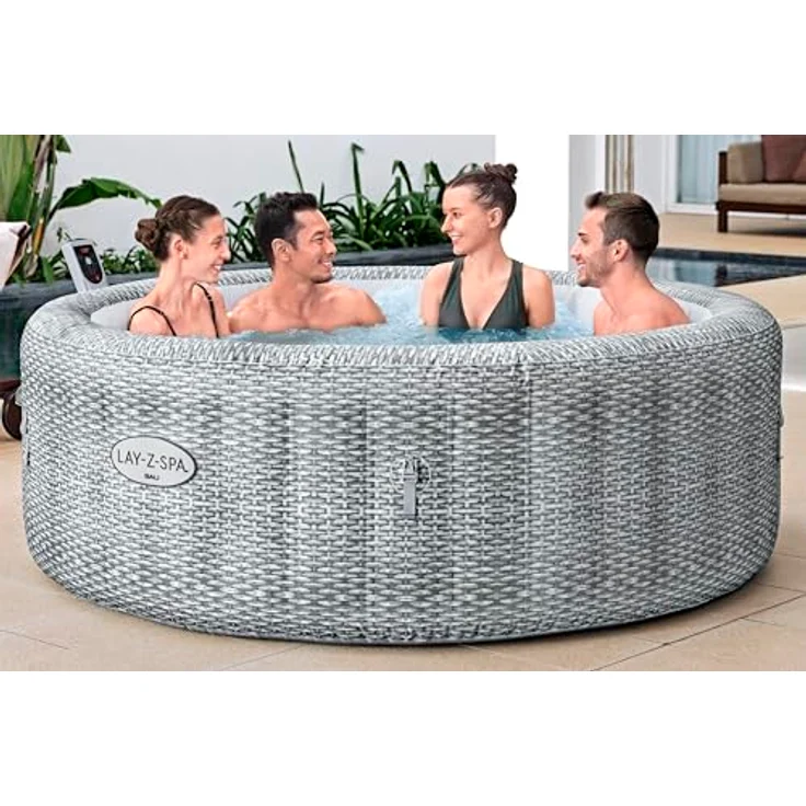 Bestway LAY-Z-SPA Energiespar-Whirlpool Bali AirJet mit App-Steuerung, integrierter UltraFit-Pumpeneinheit, für 6 Personen, 196 x 71 cm, Rattan-Optik (Lichtgrau) – Bild 2