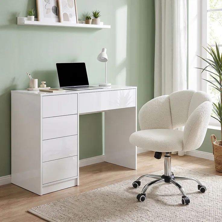 Bellamio 'Livny' Set aus Schreibtisch und Wolkenstuhl, mit 5 Schubladen, beidseitig montierbar, 80x53x110 cm, Computertisch mit Stauraum, Bürotisch mit Push-to-open, geeignet als Schminktisch, weiß hochglanz
