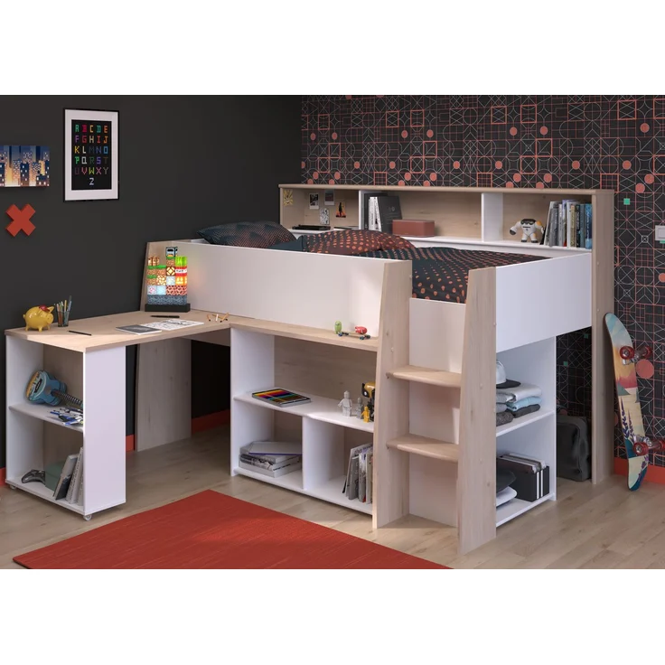 Parisot Lucas Hochbett 90x200 – Weiß/Eiche Dekor – Bild 3