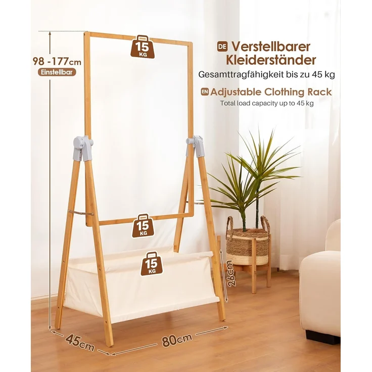 Yorbay Kleiderständer Bambus Garderobenständer mit Aufbewahrungskiste, Freistehender, (Kleiderständer mit Stoffsäcken, Faltbarer Garderobe), zum Aufbewahren von Kleidung 80 x 45 x 177 cm – Bild 5