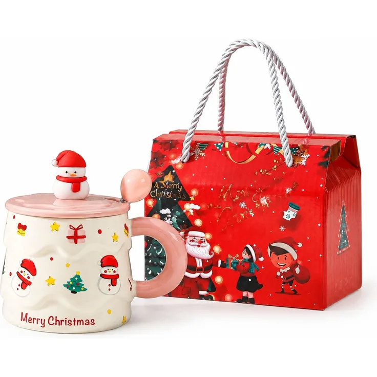 Keramik-Kaffeetasse mit Deckel und Löffel Weihnachtsbecher in Geschenkbox Rosa 16 x 12 x 14 cm