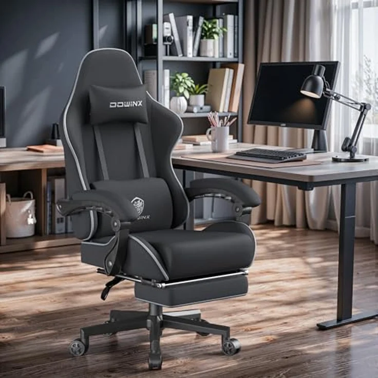 Dowinx Gaming Stuhl Tasche Frühling Kissen, Atmungsaktiver Bürostuhl aus Hochwertigem Stoff, Ergonomischer PC-Stuhl mit Kopfstütze, Drehbarer Schreibtischstuhl mit Fußstütze (Schwarz) – Bild 3