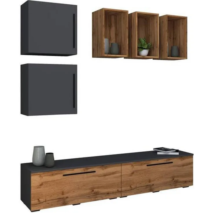 MID.YOU Wohnwand Anthrazit, Kunststoff, 1x und 2x Fächer, 190x200x40 cm, Made in EU, verschiedene Holzdekore erhältlich