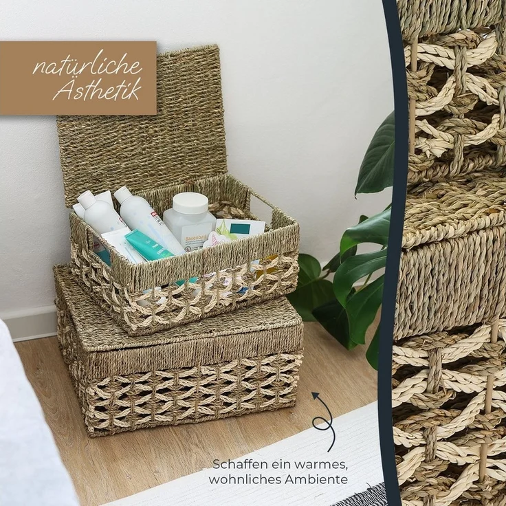 HMF Aufbewahrungskorb HMF Aufbewahrungskorb mit Deckel, 3er-Set, Korb (3 St), geflochten aus Seegras und Palmblättern, Klein, Mittel, Groß – Bild 3