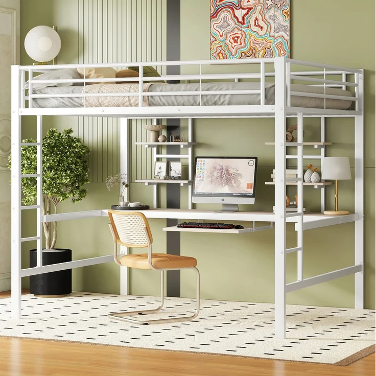 Hochbett 140x200 cm mit Schreibtisch und 2 Regalen – Metallbett in Weiß – Bild 2