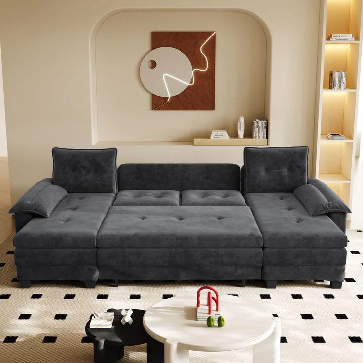 Wohnora-278 cm U-förmiges Schlafsofa, Convertible Sectional Couch with Pull-Out Bed, mit USB-Ladefunktion, abnehmbaren Armlehnkissen, Extragroßes, modulares Design, modernes Wohnzimmer-Sofa, graul,H 87cm x T 278cm x B 127cm,Grau – Bild 1