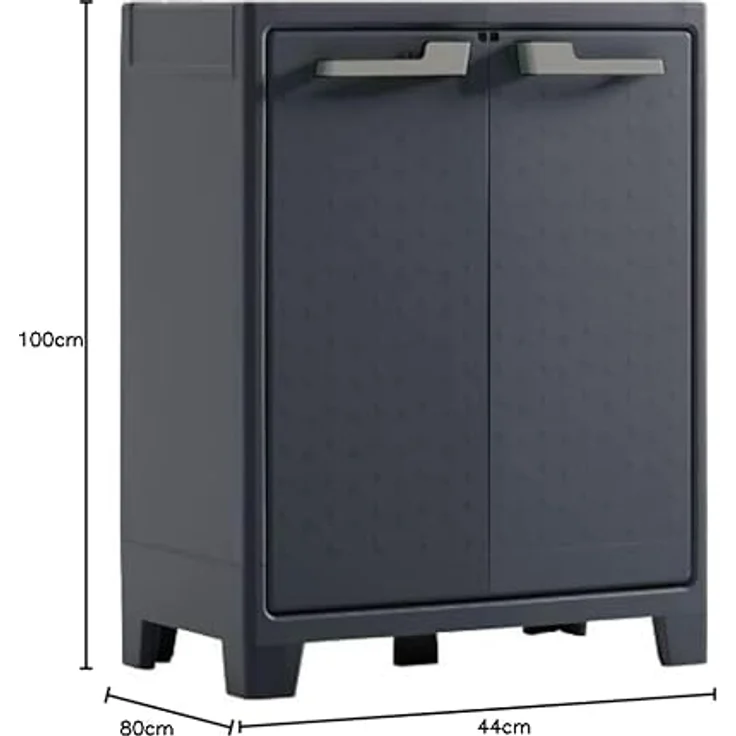 Keter Moby Kunststoffschrank, niedrig anthrazit/grün/grau, 80 x 44 x 100 cm, inklusiv 2 höhenverstellbaren Böden mit je 30kg Tragkraft, für drinnen und draußen geeignet UV- und wasserbeständig (IPX3) – Bild 4