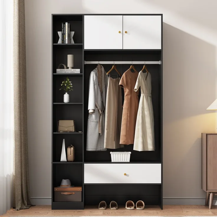 Merax Kompakte Flurgarderobe in Schwarz+Weiß Garderobenset mit 2 Türen, 6 Fächern, Kleiderstange & Schublade