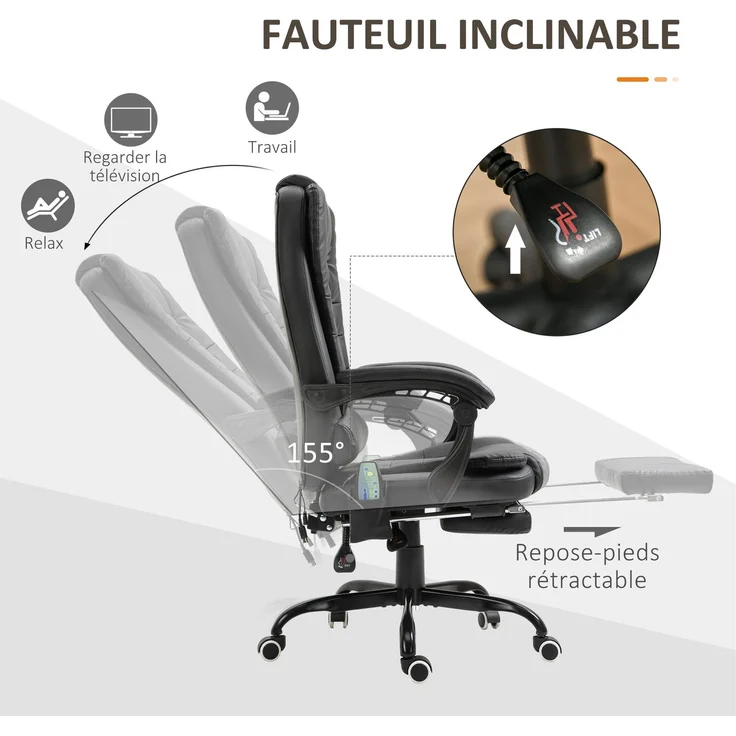 Massage-Bürosessel, Bürostuhl, ergonomischer Stuhl mit Höhenverstellung, neigbarer Rückenlehne und kabelgebundener Fernbedienung, ausziehbarer und um 360° drehbarer Fußstütze, schwarz – Bild 7