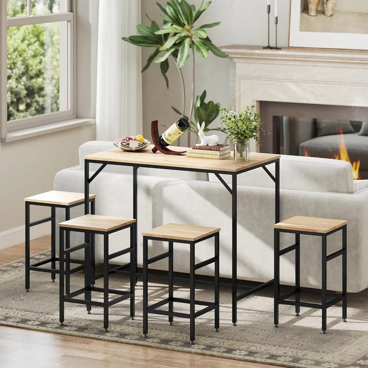 HOMCOM Bargruppe Bartisch mit Barhocker Set 5-teiliges Bartisch-Set Eiche, (5-tlg), Platzsparend – Bild 8