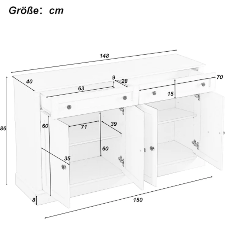 Sideboard Weiß mit Naturholz-Optik, 4 Türen 2 Schubladen, großer Stauraum, Wohnzimmer Anrichte Buffetschrank – Bild 10